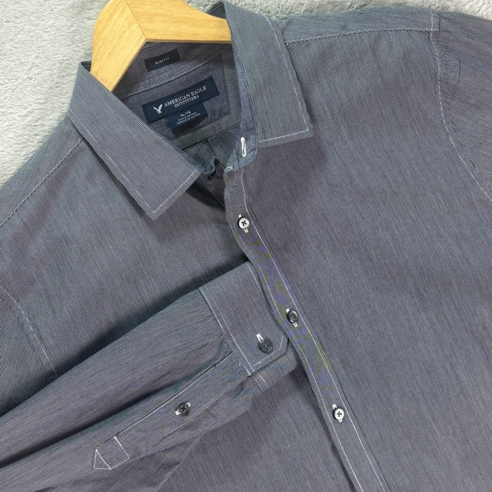 American Eagle Men's Button-Down Shirt Gray Slim‎ Fit Striped Sz XL Preppy